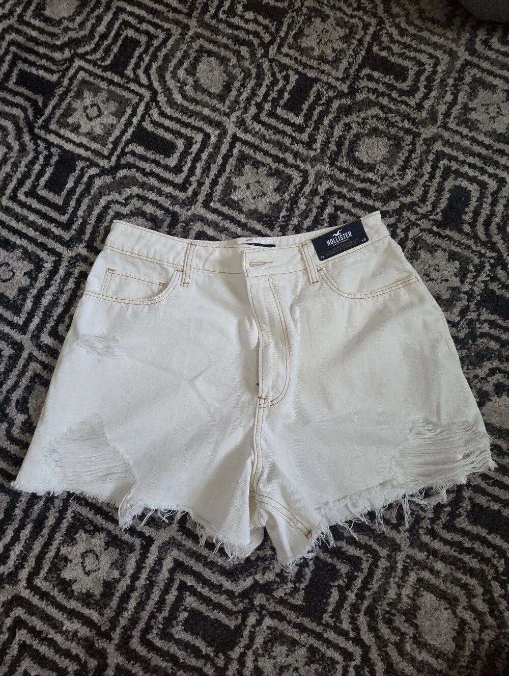 Cream Distressed Denim Shorts